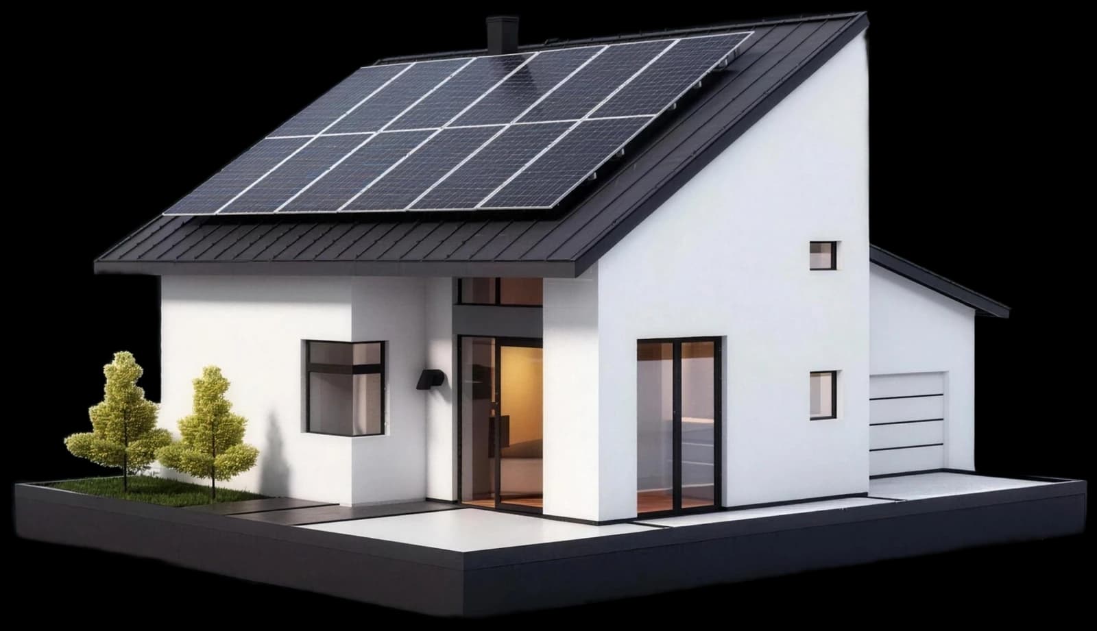 Casa com placas solares no telhado, luz acesa atrás da porta de vidro