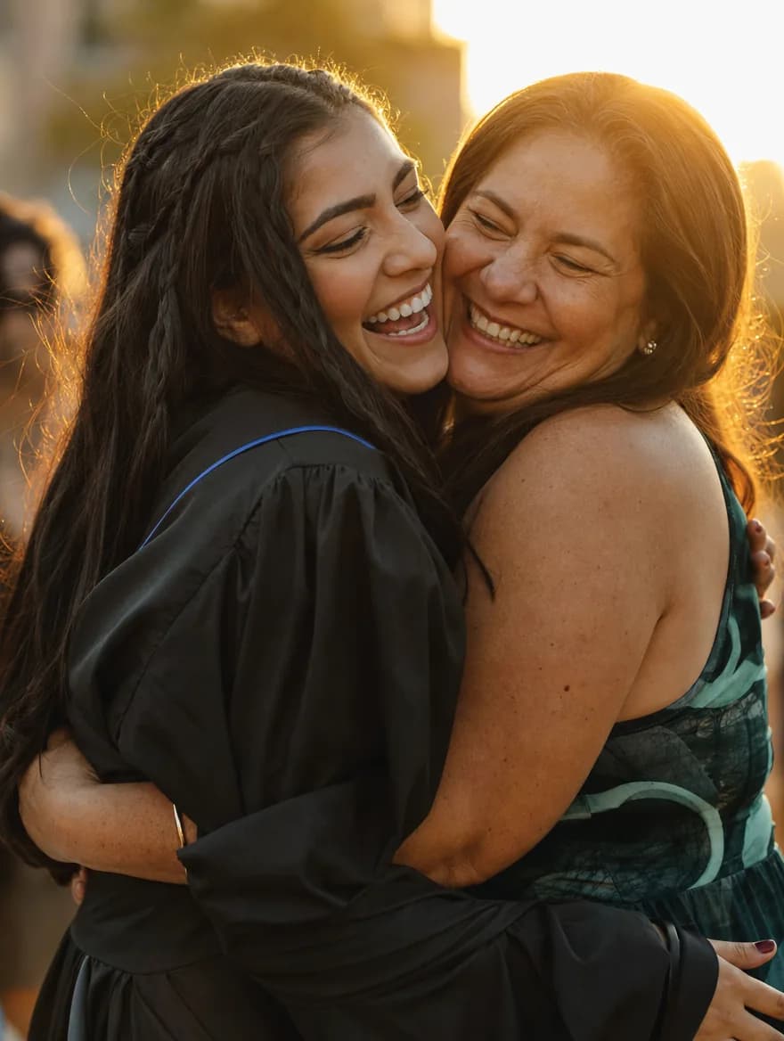 Mãe abraçando a filha recém-formada, as duas rindo, no fim da tarde