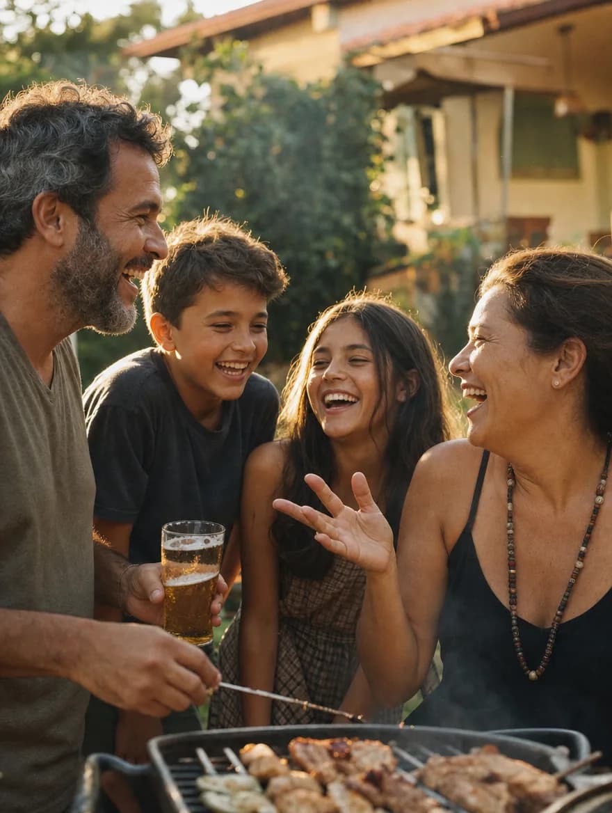 Família de quatro pessoas rindo em volta da churrasqueira no quintal