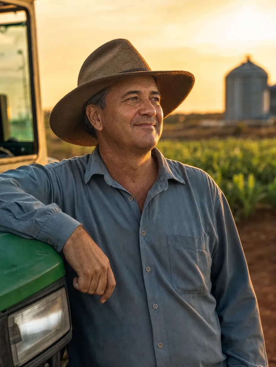 Produtor rural apoiado no trator, olhando a lavoura no fim da tarde