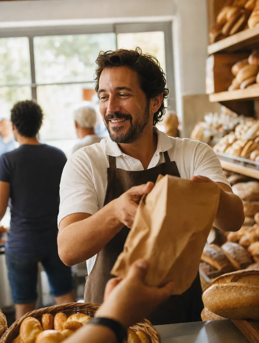 Dono de padaria entregando o pão a um cliente, loja movimentada ao fundo